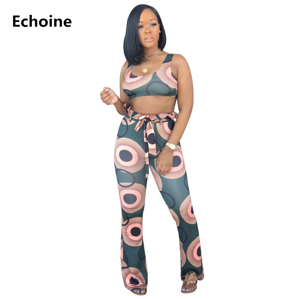 

2 Piece Set Sleeveless Crop Top and Pants Wide Leg Trousers with Belt Print Pants Set Ruffle Waist Bodycon Sexy Club Outfit