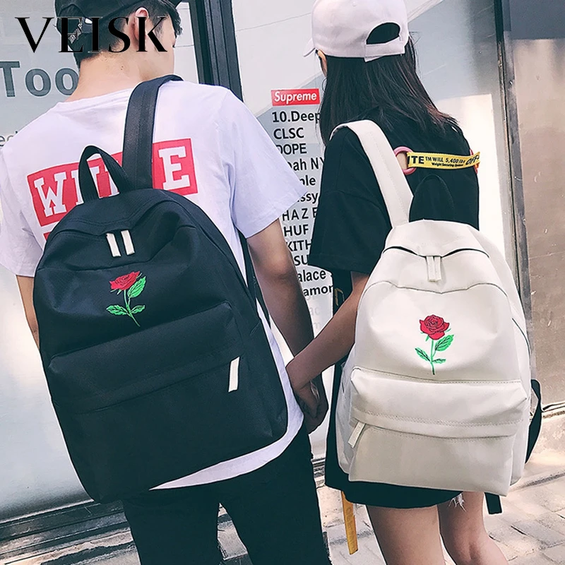 

Lovely Rose White Backpack Women Canvas Backpacks School Bags For Teenager Girls Ladies Embroidery Black Rucksack Bookbags