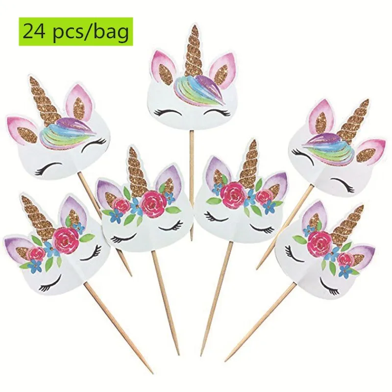 

24 Pcs Cartoon Unicorn Baked Inserts Tag Birthday Cake Fruit Dessert Toothpick Birthday Party Wedding Cake Flag Decor Supplies