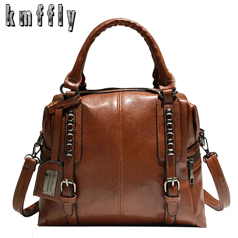 

2019 Spring Fashion Women Top-handle Bags with Rivets High Quality Leather Female Shoulder Bag Vintage Motorcycle Tote Bags Sac