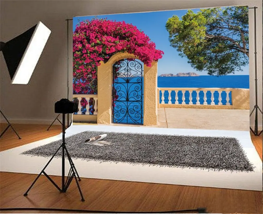 

Photography Backdrop Idyllic View to Mediterranean Sea Coast Red Flowers Photo Background