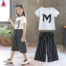 Новинка года, комплекты одежды для девочек Летняя детская футболка в полоску с блестками комплект с короткими рукавами+ штаны, Детская верхняя одежда, одежда для маленьких девочек возрастом от 3 до 12 лет