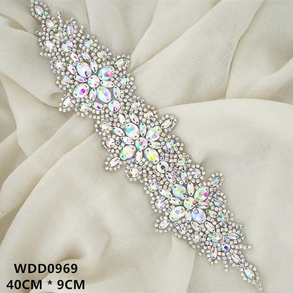 

(30pcs) Hand beaded AB Rhinestone applique gold crystal applique iron on for wedding dresses WDD0969