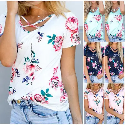 UK Womens Floral Printed Blouse Summer Short Sleeve Ladies