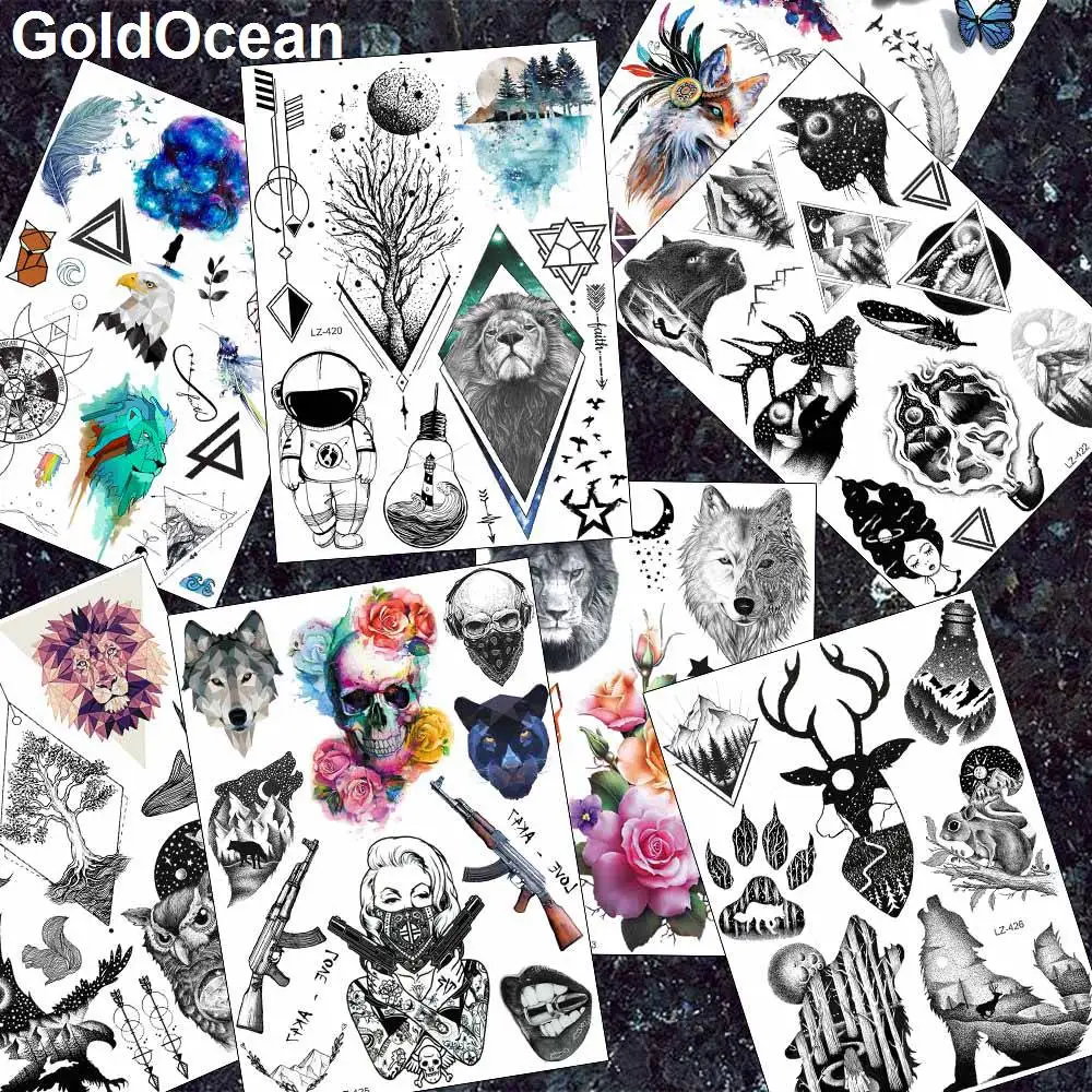 

GoldOcean Flash Diamond Lion Fake Tree Moon Men Tattoos Stickers Women Arm Wrist Custom Tattoo Temporary Black Body Art Tatoos