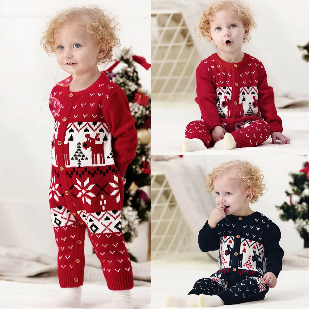 Baby Christmas Clothes Infant Baby Rompers Long Sleeve Cartoon Christmas Knitted Romper Jumpsuit Newborn Boys Girl Clothes 6-24M