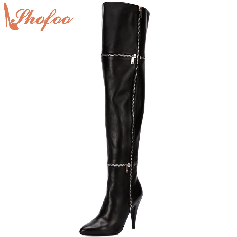 Shofoo Women Winter Black Spike Heels Pointed Toe Over-the-Knee High Boots With Zipper Shoes Dress&Party&Office , Plus Size 5-16