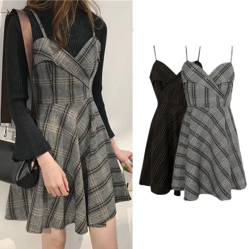 

2019 spring autumn new fashion slim V-neck wool plaid spaghetti strap a-line dress women