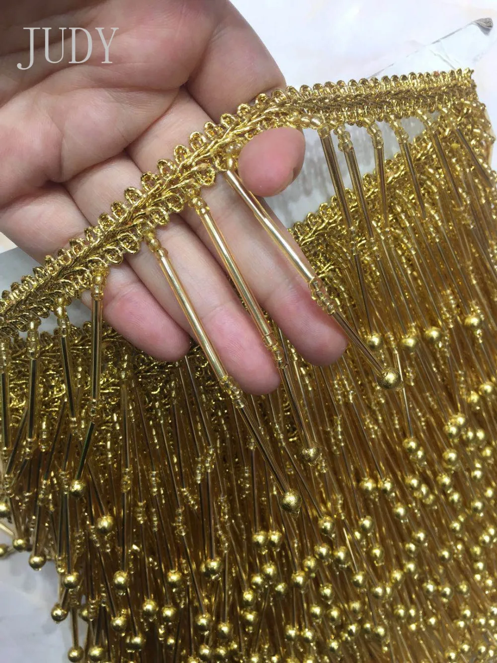 cheap stock tassel 20yards bag ym158# 9 10 cm long golden straight pipe tassel hanging golden bead tassel for sawing dress