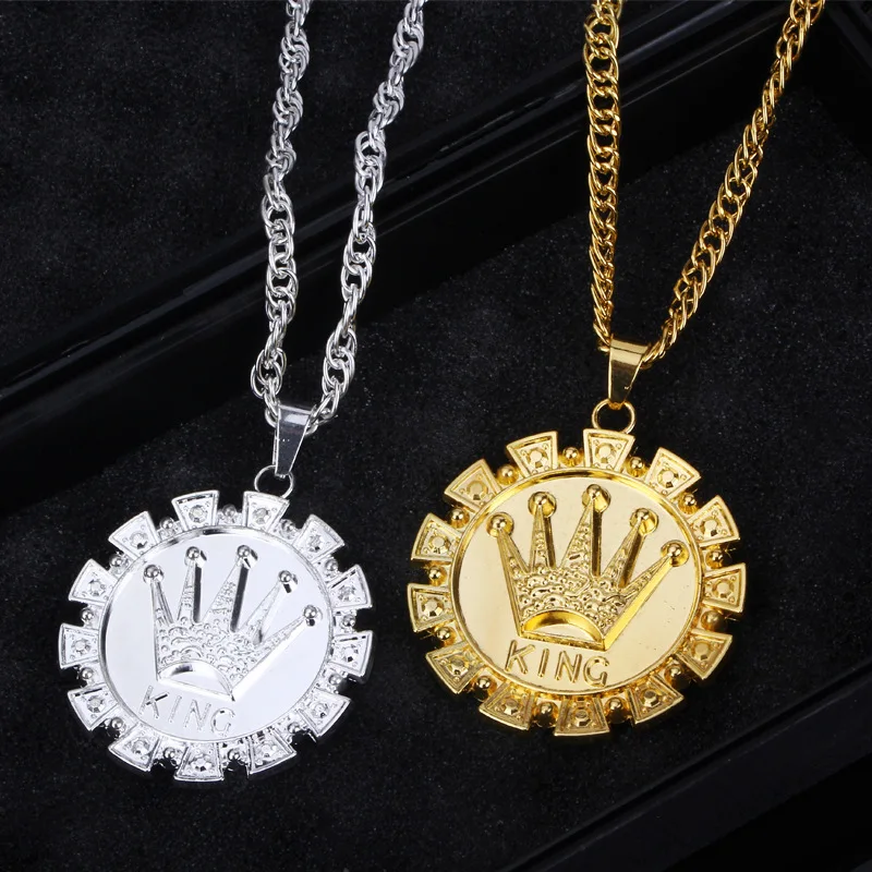 Golden Crown King pendants necklaces Round Men Women Hip Hop Charm link