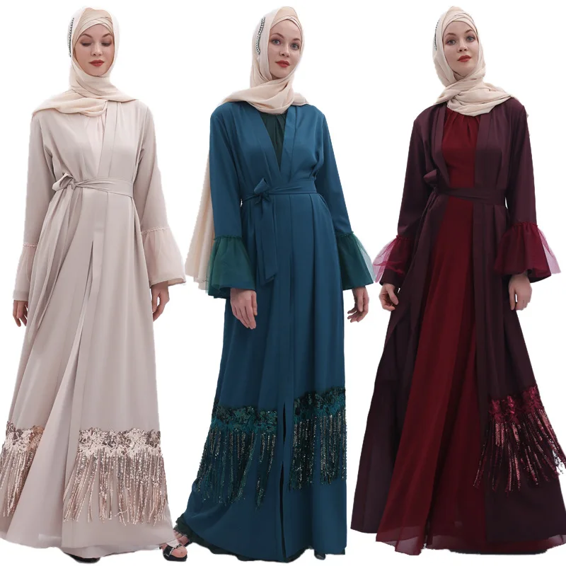 Элегантное мусульманское платье с блестками abaya кардиган-кимоно с кисточками свободные длинные халаты Jubah на Среднем Востоке Eid Рамадан