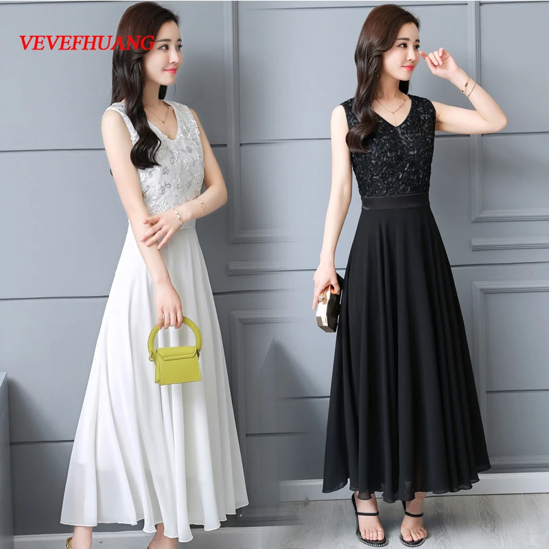 

2018 New Summer Women dress Slim Lace Big Pendulum Long Dresses White Black L0888