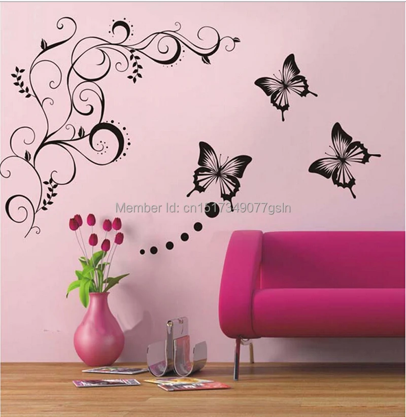 Best Quality  0001 Vinyl Decals Butterfly Vine Flower Wall Art Stickers