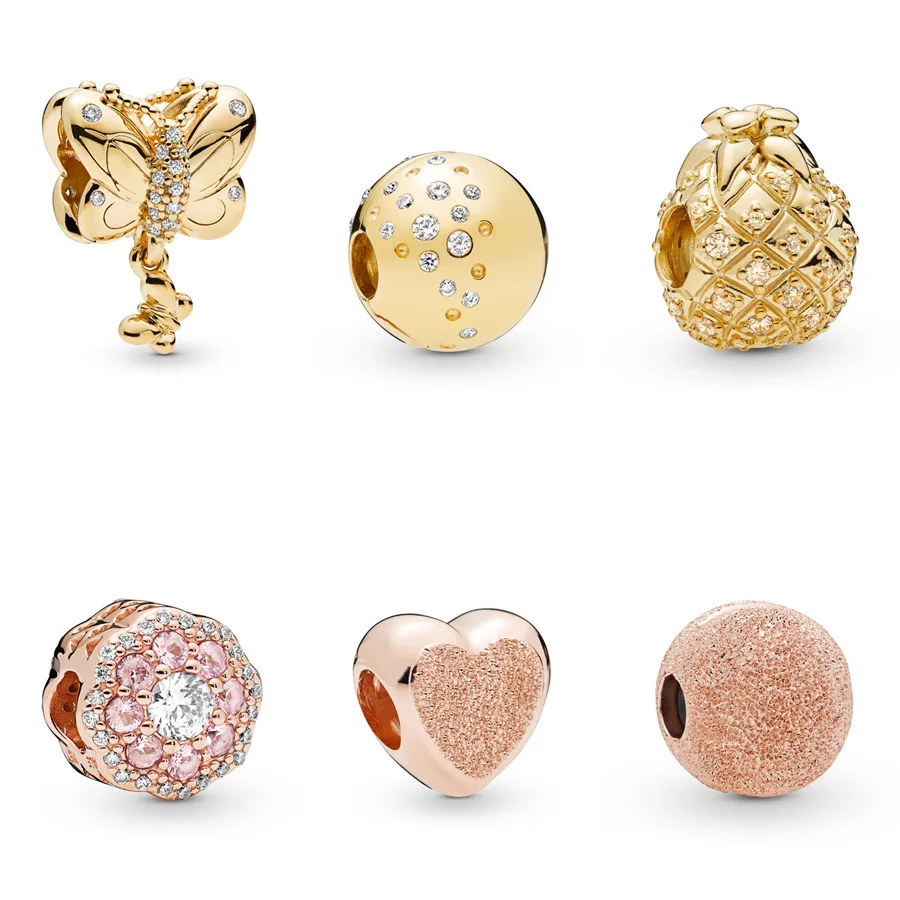 

6 Style Silver Charms Beads Gold Color Butterfly Heart Pineapple Bead for Original Women Pandora Bracelets & Bangles Jewelry