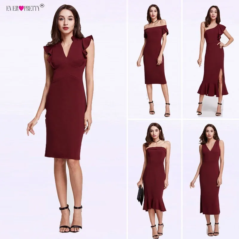 

Cheap One-Shoulder Cocktail Dresses Ever Pretty Ruffles Mermaid Party Gowns Burgundy Tea Length vestido coctel robe de cocktail