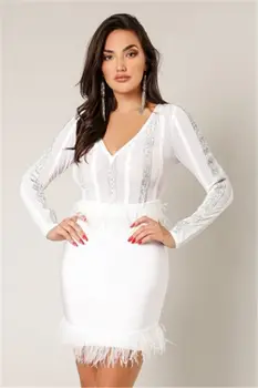 

2019 Mini Dress Sexy Celebrity Patchwork See-Through Women Feathers Night Club Deep V Neck Party Body con Dresses Wholesale