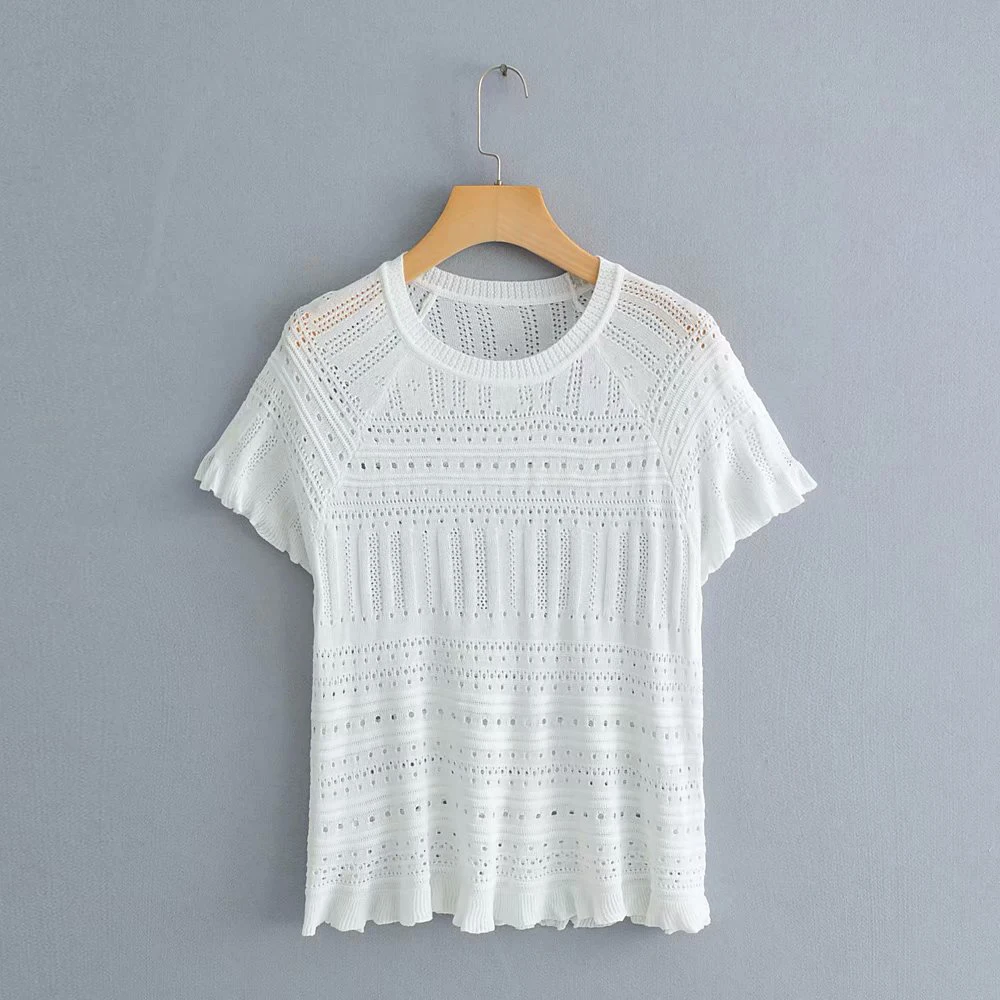 

2019 Women Spring Summer Za Black White Knitted Blouse Female Hollow Short Sleeve Transparent O-neck Shirts Tops blusas mujer
