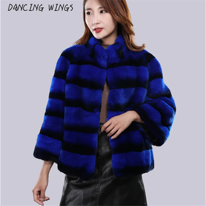 

abrigos mujer invierno 2023 natural chinchilla Rex Rabbit fur coat jacket short overcoat stand collar striped outerwear coats