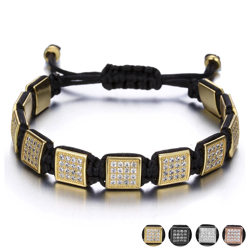 

Brand Bling Rhinestone CZ Stone Square Rivet Braiding Black Rope Men Bracelet Fashion Jewelry Male Bracelets Hand Accessories