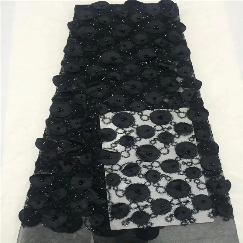 Black 3D Applique mesh tulLe lace fabric 5 yards flower pattern beaded