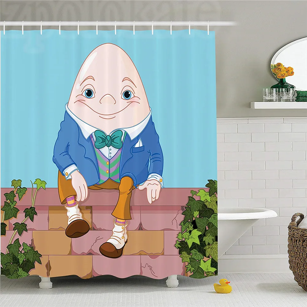 アリスでワンダーランド装飾コレクション 卵ハンプティダンプティの上に座ってレンガ壁カラフルな漫画幸福シャワーカーテン シャワーカーテン Aliexpress