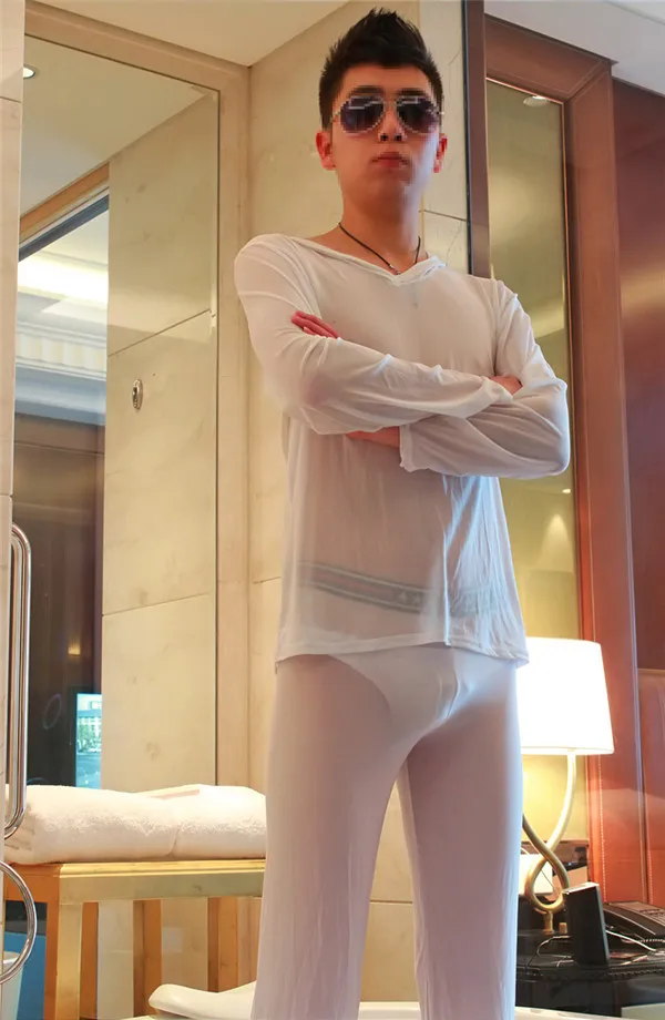 Сексуальное женское белье размера плюс, пижама masculino, длинная пижама из чистой пряжи, сексуальная прозрачная Пижама для мужчин, домашний комплект для отдыха(топ+ штаны - Цвет: white