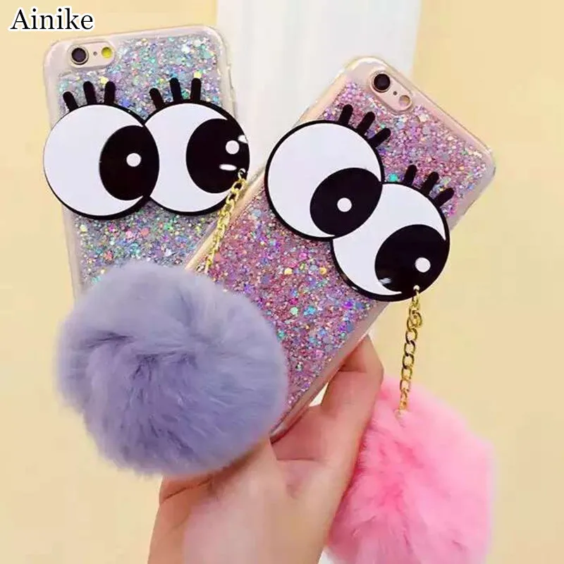 

Ainike Big Eye Soft Warm Furry Ball Tassel Cover Metal Ring Bling Powder Phone Back Case For iPhone X 6s Plus 8 7plus XR XS MAX