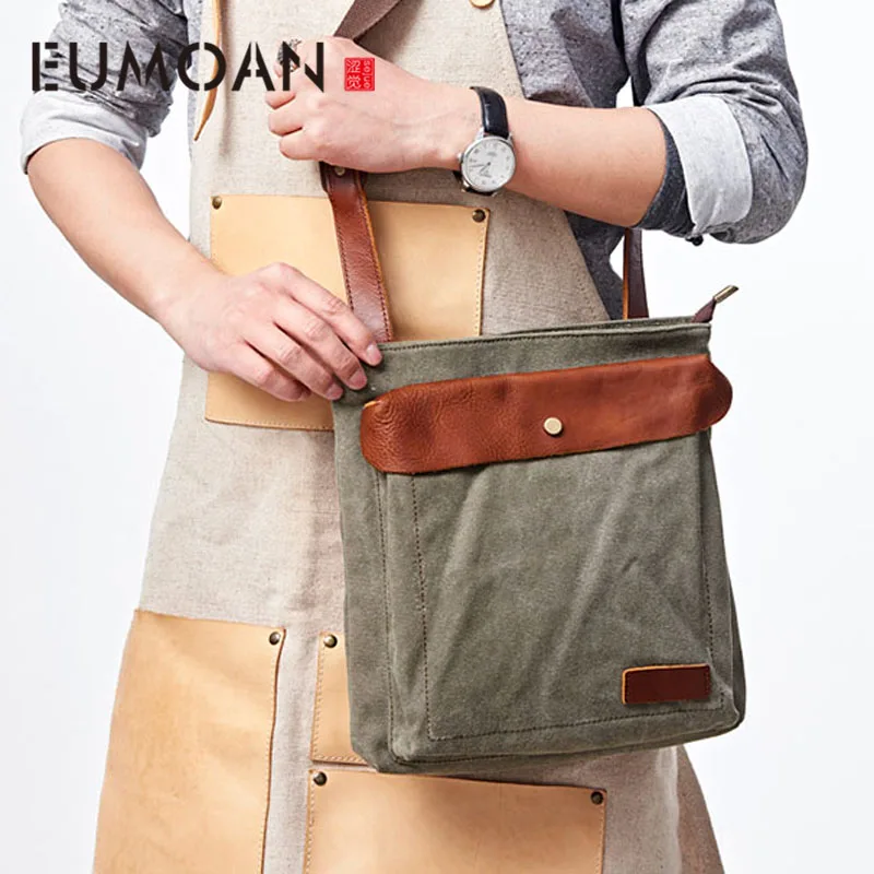 

EUMOAN Crossbody men's bag Korean version of the tide canvas with leather shoulder bag vertical small casual men's bag