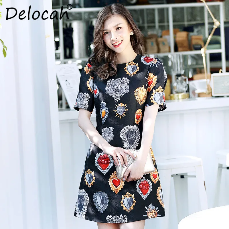 

Delocah Fashion Designer Women Summer Dress ladies Short Sleeve Jacquard Printed Short Black Vintage Dress vestidos