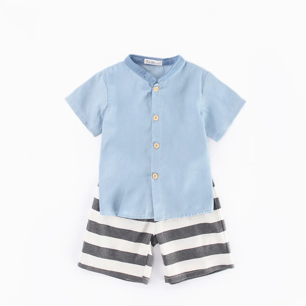 

BINIDUCKLING Summer Fashion Kids Boys Clothes Set Button Short Sleeve Shirt+Striped Shorts Boy Clothing Sets Toddler Cotton Set