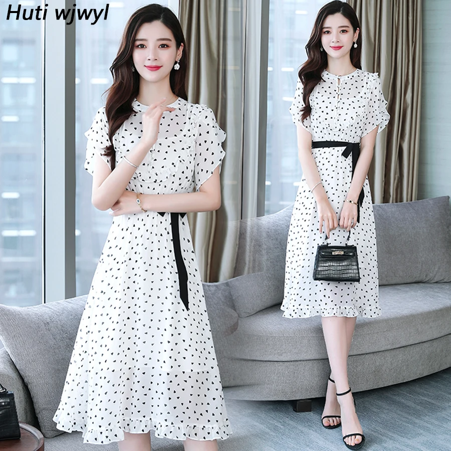 

2019 White Dot Chiffon Two Piece Midi Dresses Summer Vintage 3XL Plus Size Beach Sundress Elegant Women Bodycon Party Vestidos
