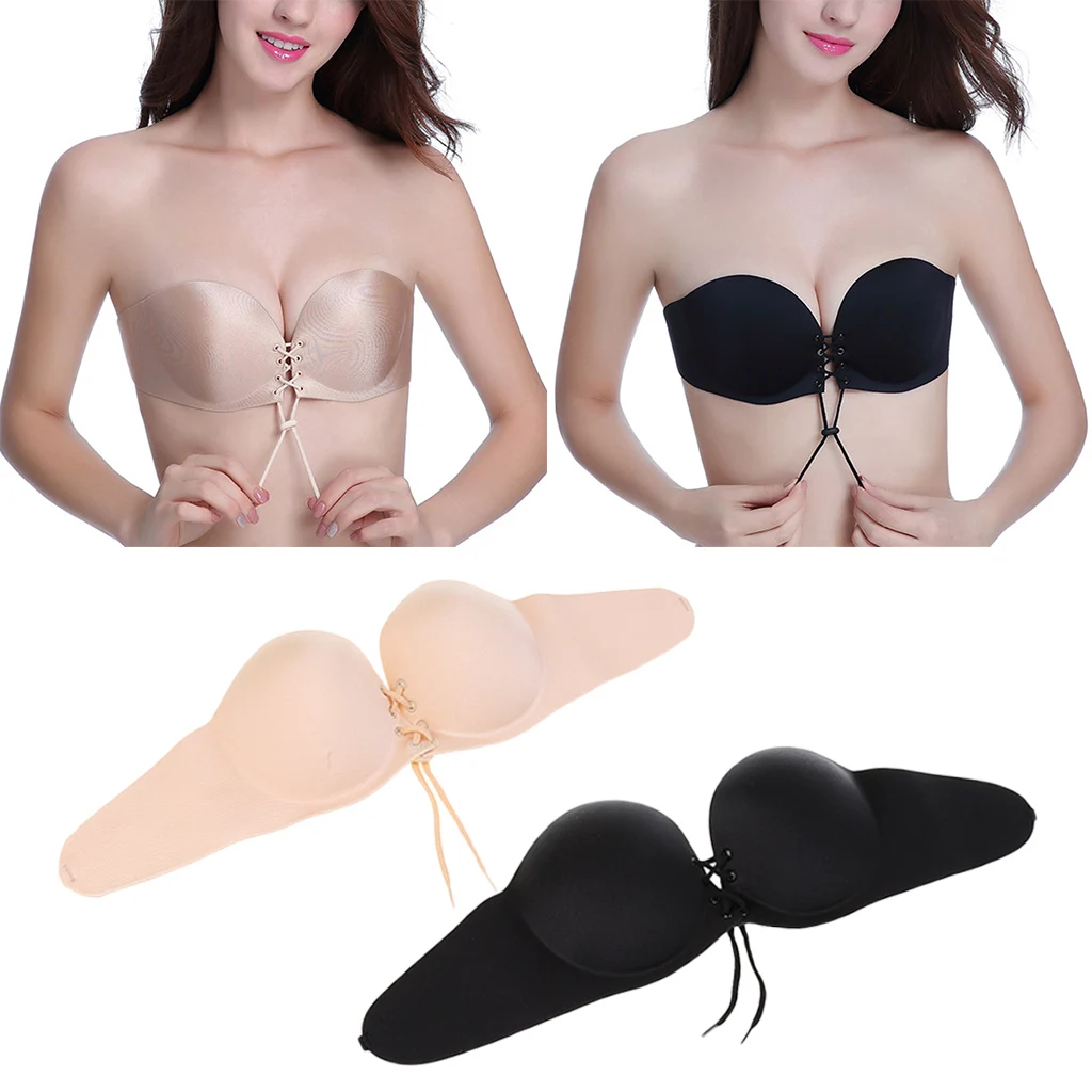 Women Strapless Backless Self-Adhesive Invisible Reusable PushUp Bra with Shoulder Strap Durable and Breathable Underwear 