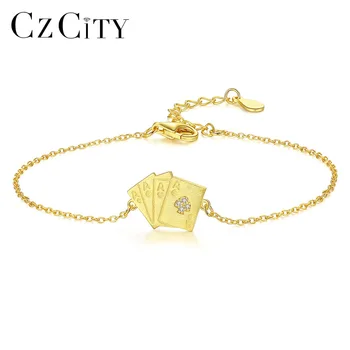 

CZCITY 925 Sterling Silver Lucky Poker Bracelet for Women 18K Gold Plated Chain Bracelets Fine Jewelry Christmas Gifts Bijoux
