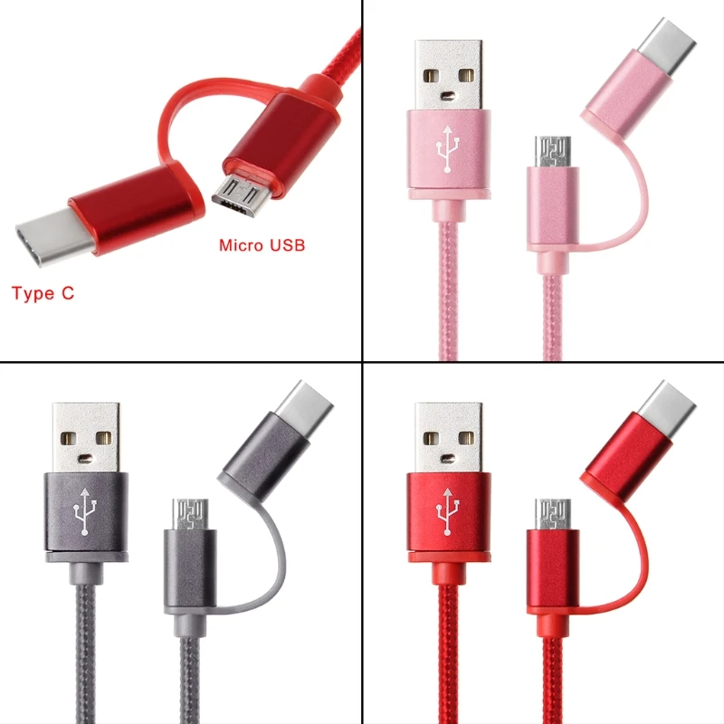 

OOTDTY 2In1 USB 2.0 Male To USB 3.1 Type C Micro USB Weave Data Fast Charging Cable-M56
