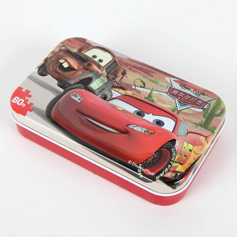 60 шт./компл. Pixar машинки головоломки с железный ящик Lightning McQueen головоломки доска Детские День рождения игрушка в подарок расходные материалы