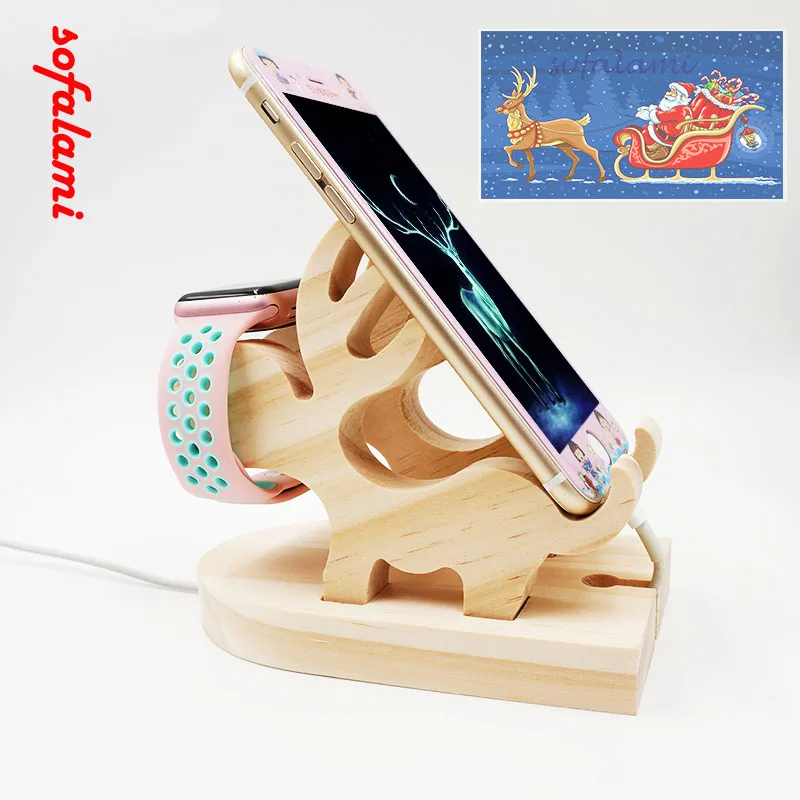 Деревянный кронштейн Рождественский олень настольная док-станция для зарядки сотового телефона Подставка для часов держатель для iPhone 11 Pro Max X ipad Pro Iwatch Android