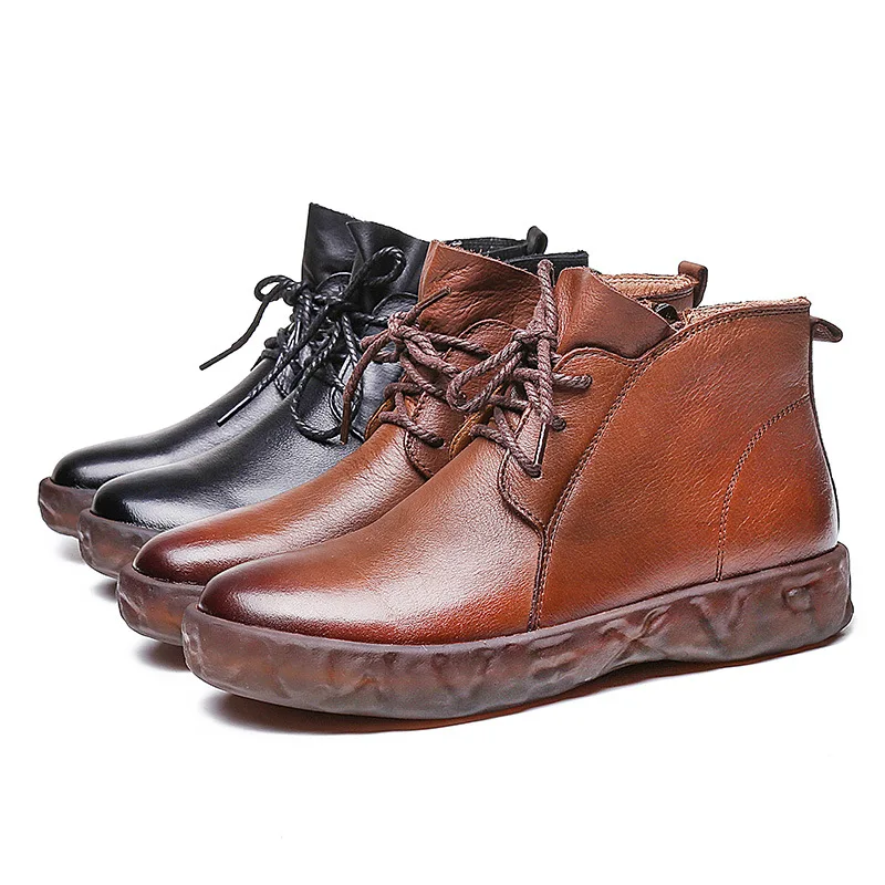 

New Women Spring Autumn Genuine Leather Ankle Boots Handmade Lady soft Flat shoes comfortable Casual Lace-Up ZIP Women's shoes