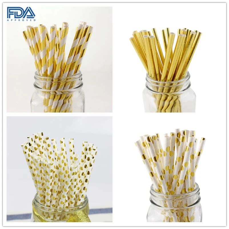 

25pcs Metallic Gold Stripe Heart Dot Chevron Star Paper Straws Disposable Tableware For Wedding Birthday Party Decorations Kids