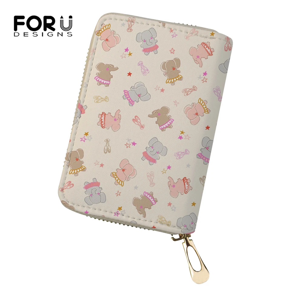 

FORUDESIGNS Fashion Women Business PU Card Holder Kawaii Elephant Prints Girls Money Purses Cartoon Animal Pattern Cluth Wallets