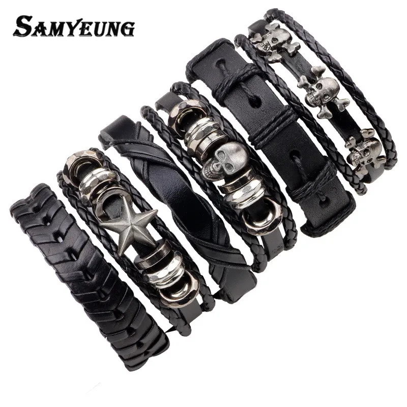 6Pcs/Lot Punk Skull Leather Bracelets for Men Jewelry Tritium Bracelet Braclet Male Braslet Women Anime One Piece Biker Jewelry