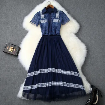 

Skirt Set Women Summer 2019 New Turn Down Collar Hollow Out Lace Patchwork Shirt Top + Elastic Waist Mesh Skirt Two Piece Set