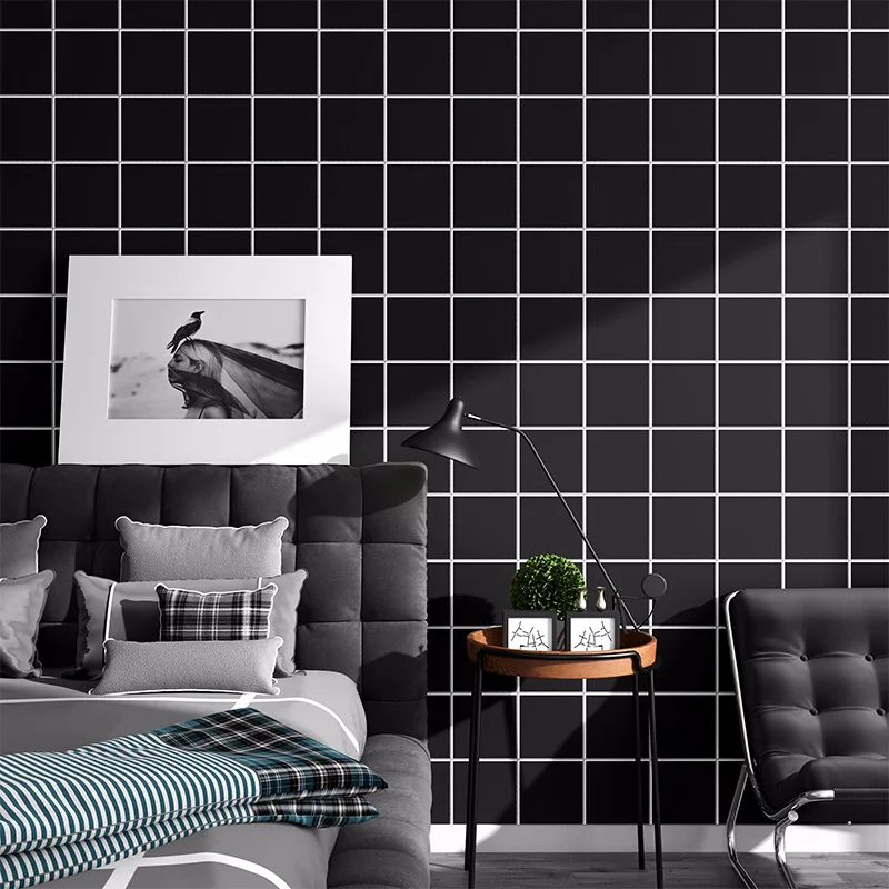 

White line black plaid wall stickers home decoration self adhesive kitchen ceramic sticker furniture renovation decor A1887