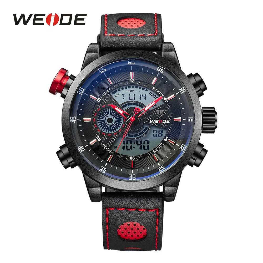 WEIDE Men Luxury Sports Watches Quartz LCD Digital Date Alarm Chronograph Leather Strap Wristwatches Clock Reloj Hombre Relogio