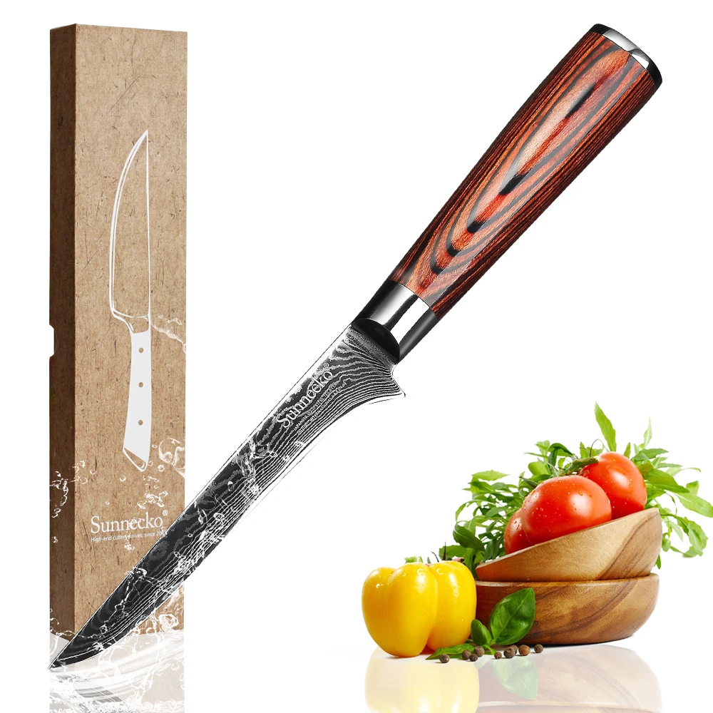 

Sunnecko 6" Damascus Steel Boning Knife Japanese VG10 Steel Core Razor Sharp For Bone Meat Kitchen Knives Color Wood Handle
