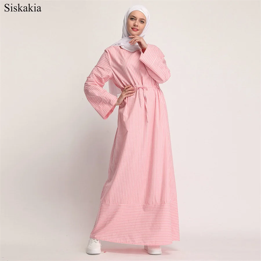 Siskakia Muslim Ladies Solid Stripe Patchwork Long Dress Ramadan O-Neck Long Sleeve Belt Women Dresses Brief Elegant 2019 New (2)