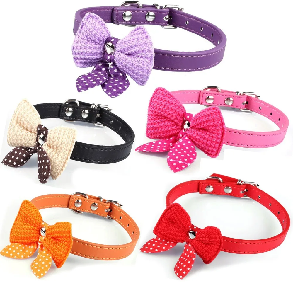 Bowknot Adjustable Pu Leather Dog Puppy Pet Cat Collars Necklace Neck