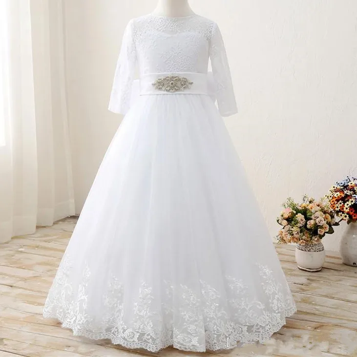 

Pure White Tulle Flower Girl Dress with Belt Buttons Bow 3/4 Long Sleeves Ankle -Length First Communion Gowns Custom Made Longo