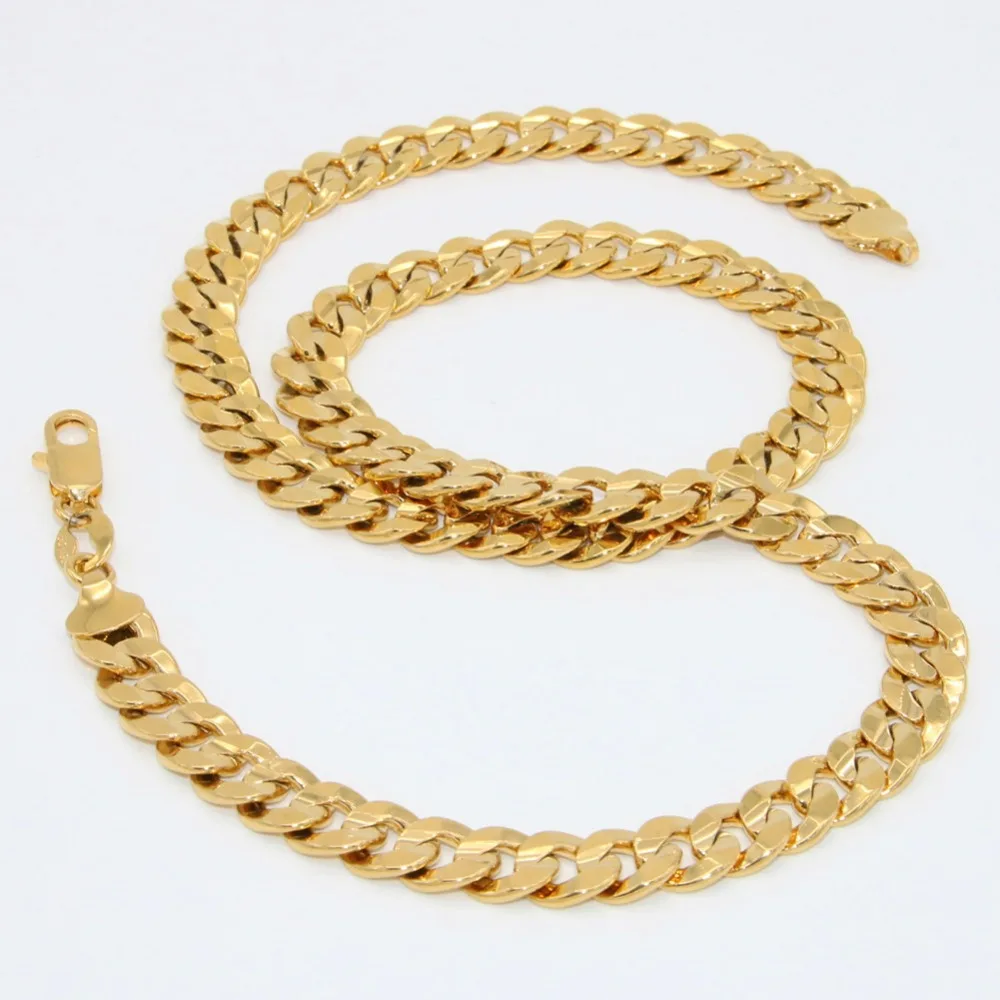 

9mm Mens Necklace Yellow Gold Filled Flat Cut Curb Link Chain 24 Inches Long