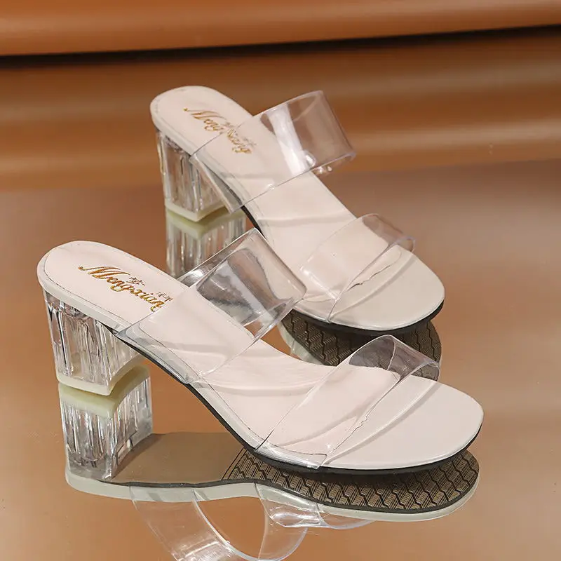 

New Summer Plus Size Slippers Women Shoes Woman Mules Transparent Slides Peep Toe Square High Heels Clear Slippers Female Shoes