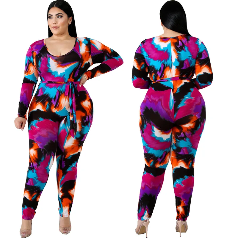 

Autumn Women's Fashion Printed Clothing Long Sleeve Round Neck Casual Jumpsuit Bag Hip Slim Fitting Jumpsuit Lacing Plus Size